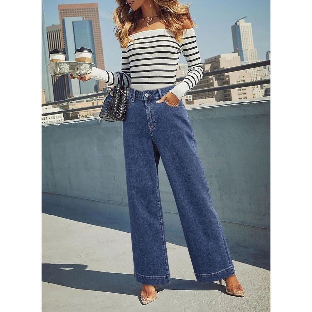 Women's Sky Blue Waisted Wide Leg Denim Jeans Stretchy Loose Pants with Pocket - Picture 4 of 6